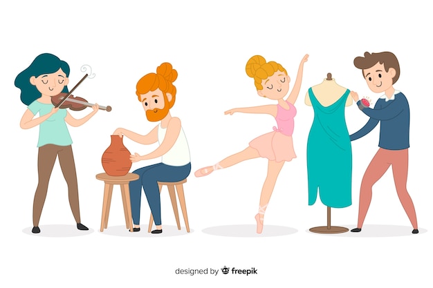 Ensemble d'artistes de différentes disciplines: musicien, artisan, couturier, danseur Vecteur gratuit