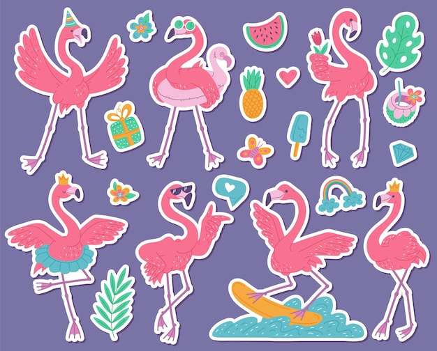 Ensemble D Autocollants De Flamants Roses Ballerine Garcon D Anniversaire Surfeur Et Princesse Illustration Plate De Dessin Anime D Oiseaux Africains Vecteur Premium Ensemble D Autocollants De Flamants Roses Ballerine Garcon D Anniversaire Surfeur Et Princesse Illustration Plate De Dessin Anime D Oiseaux Africains Vecteur Premium