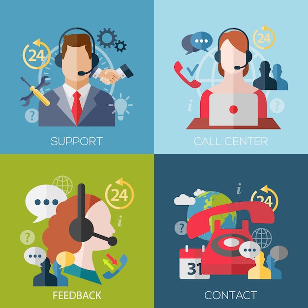 Ensemble d'avatars de concept design plat pour le soutien, centre d'appels, commentaires, contact Vecteur Premium