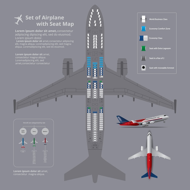 Ensemble d'avion avec illustration vectorielle de siège carte isolé Vecteur Premium