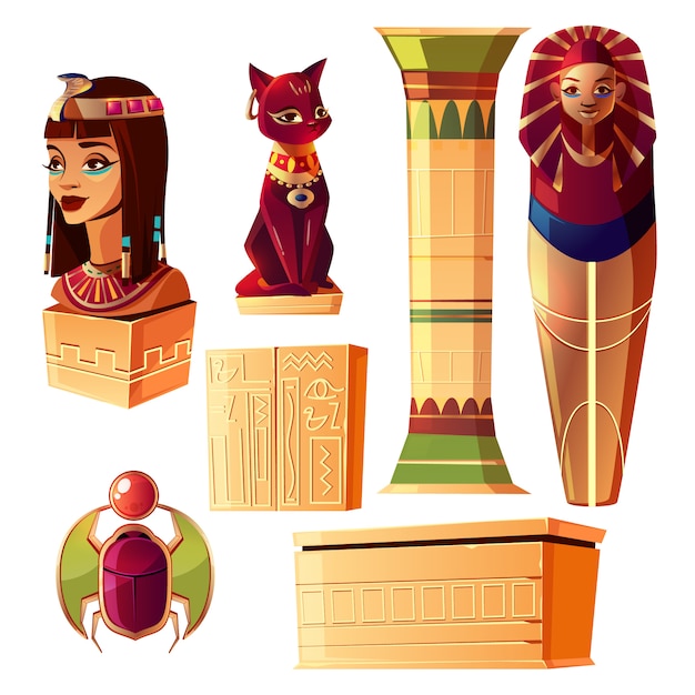 Ensemble de bandes dessinées égyptiennes - buste de la reine, sarcophage du pharaon, ancien pilier Vecteur gratuit