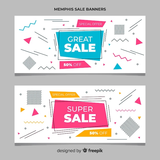 Ensemble de bannière de vente de style coloré memphis Vecteur gratuit