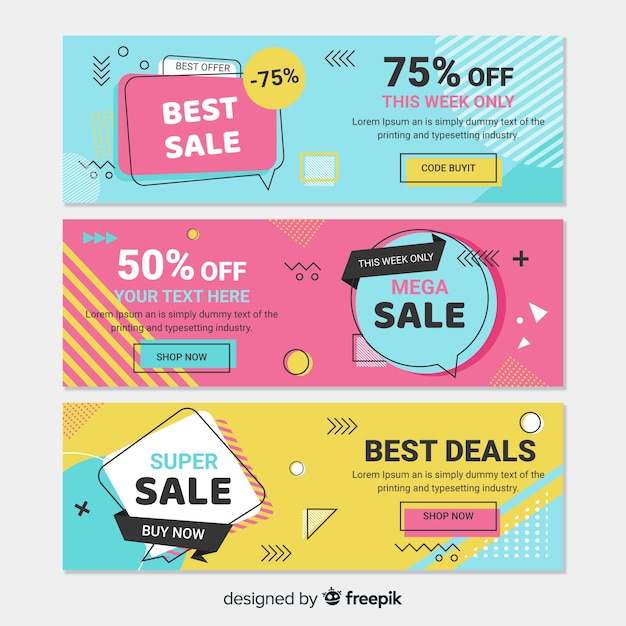 Ensemble de bannière de vente de style coloré memphis Vecteur gratuit