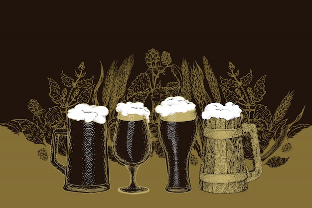 Ensemble de bière. illustration vectorielle dans le style de croquis. modèle de bannière de bière dessinés à la main. rétro Vecteur Premium