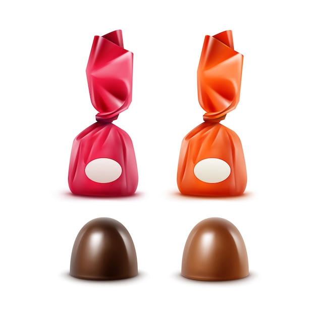 Ensemble De Bonbons Au Chocolat Au Lait Amer Noir Réaliste En Couleur Rouge Orange Rose Foncé 