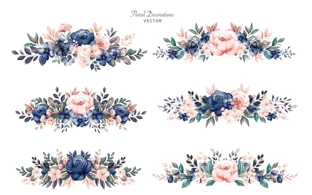 Ensemble De Bouquets De Cadre Floral Aquarelle De Roses Bleu Marine Et