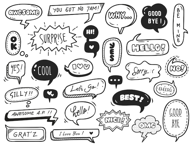 Ensemble de bulle mignon avec du texte dans un style doodle Vecteur Premium