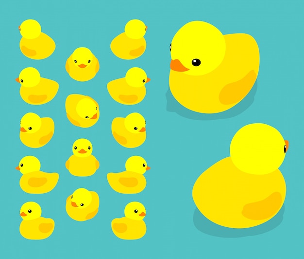 Ensemble des canards en caoutchouc jaune isométrique Vecteur Premium