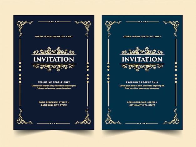 Ensemble De Carte D Invitation De Style Retro Or Antique Royal De Luxe Blanc Bleu Et Noir Pour Vip Entree Anniversaire Fete Passer Anniversaire De Mariage Et Celebration Or Pret A Imprimer