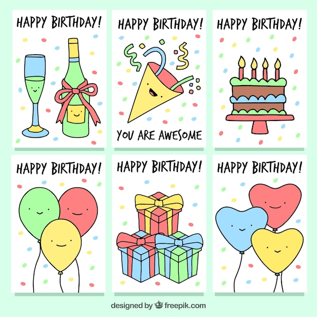 Ensemble De Cartes D Anniversaire Avec Des Dessins De Fete Vecteur Gratuite