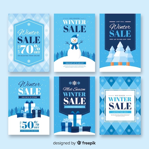 Ensemble de cartes de vente d'hiver plat Vecteur gratuit