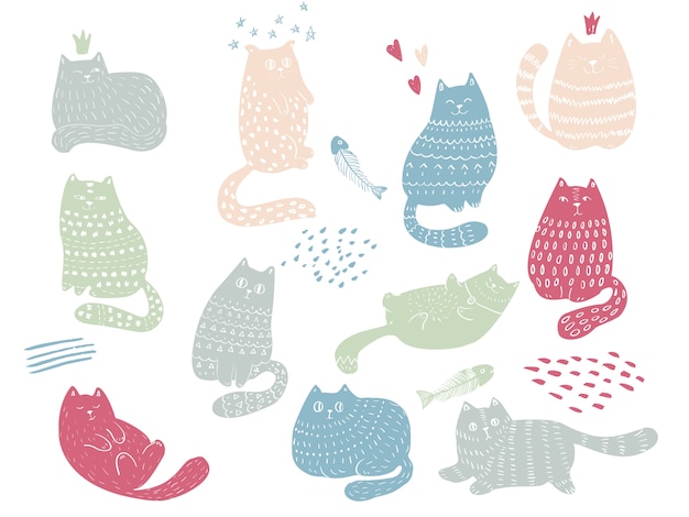 Ensemble de chats drôles doodle. personnages et émotions d'animaux mignons. perfectionnez pour la carte postale, le jour de valentine, l'anniversaire, l'anniversaire, le livre de bébé. Vecteur Premium