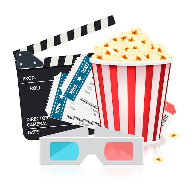Ensemble de cinéma avec seau de pop-corn, billets, lunettes 3d et clapper board. Vecteur Premium