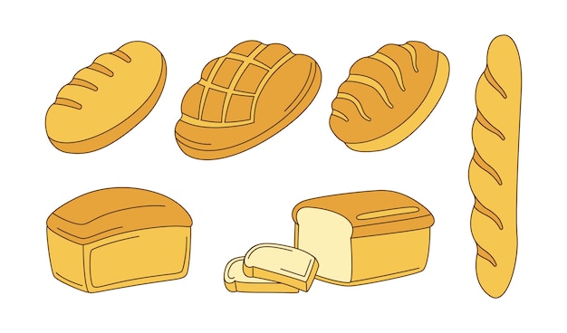 Ensemble De Clipart De Dessin Anime De Boulangerie Pain De Seigle Pain De Ble Entier Et Pain De Ble Et Baguette Francaise Croquis Ciabatta Vecteur Premium