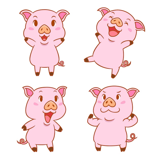 Ensemble de cochons dessin animé mignon dans des poses différentes. Vecteur Premium