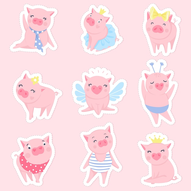 Ensemble de cochons roses mignons Vecteur Premium