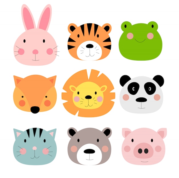 Ensemble De Collection De Personnages Mignons Animaux Dessines A La Main Animaux De Zoo De Dessin Anime Lievre Tigre Grenouille Renard Lion Panda Chat Ours Cochon Vecteur Premium