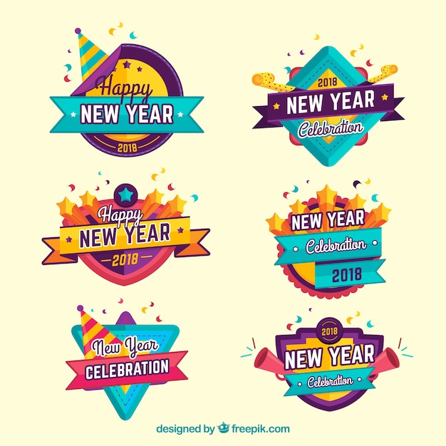 Ensemble coloré de six collection de badge nouvel an 2018 Vecteur gratuit