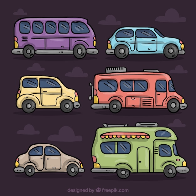Ensemble coloré de véhicules différents dans le style dessiné à la main Vecteur gratuit