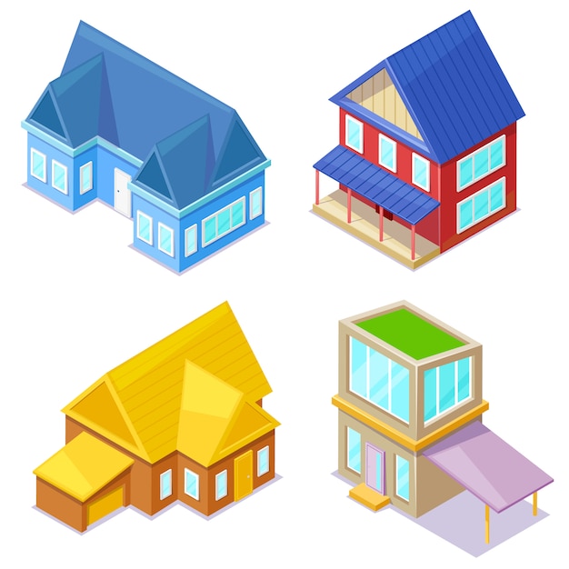 Ensemble de cottages isométriques sur blanc. Vecteur Premium