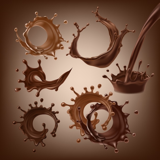 Ensemble d'illustrations 3D vectorielles, éclaboussures et gouttes de chocolat noir et au lait fondu, café chaud, cacao Vecteur gratuit Ensemble d'illustrations 3D vectorielles, éclaboussures et gouttes de chocolat noir et au lait fondu, café chaud, cacao Vecteur gratuit