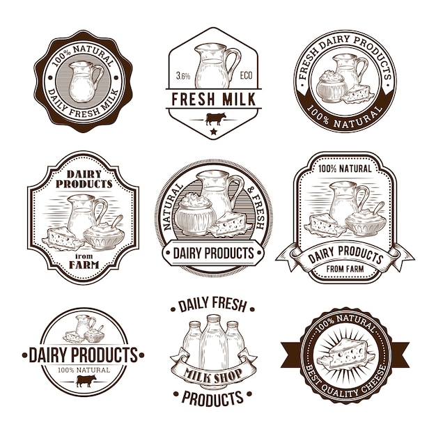 Ensemble d'illustrations vectorielles, badges, autocollants, étiquettes, timbres pour lait et produits laitiers Vecteur gratuit Ensemble d'illustrations vectorielles, badges, autocollants, étiquettes, timbres pour lait et produits laitiers Vecteur gratuit