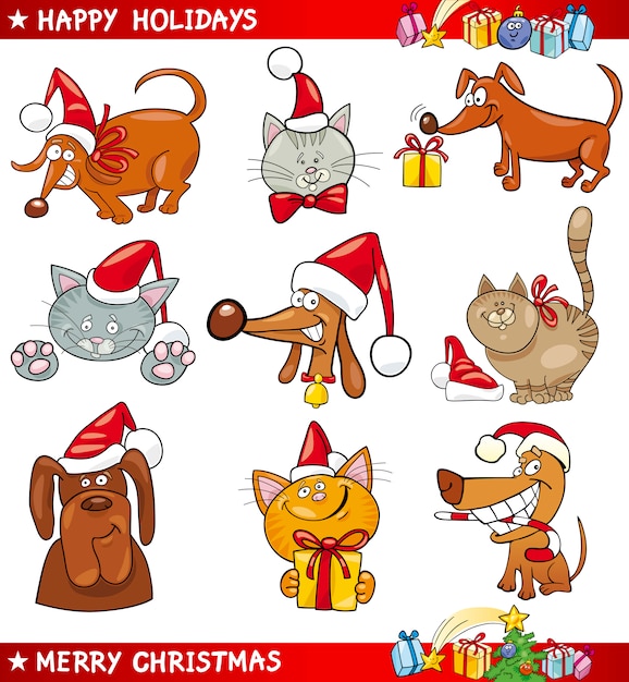 Ensemble De Dessin Anime De Chats Et De Chiens De Noel Vecteur Premium