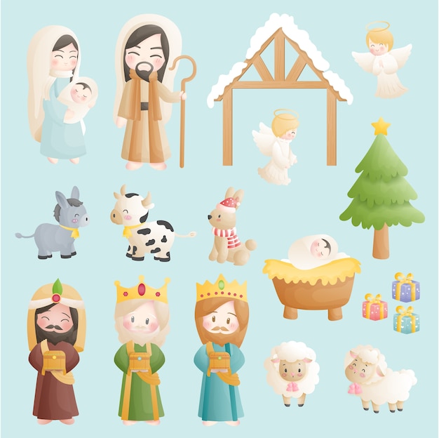 Un Ensemble De Dessin Animé De La Crèche De Noël, Avec L'enfant Jésus 