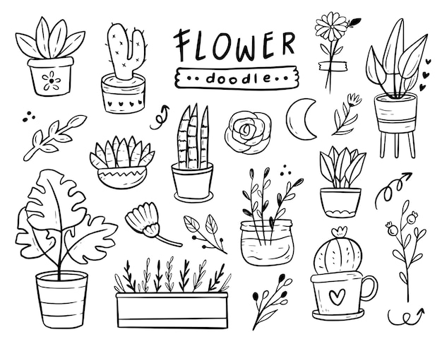 Ensemble De Dessin De Contour De Doodle Plante En Pot Vecteur Premium