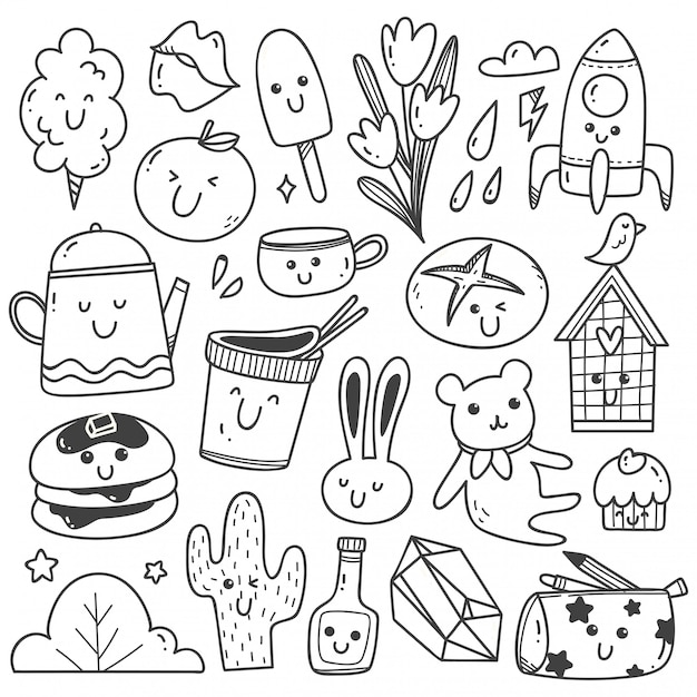 Ensemble De Dessins Au Trait Kawaii Doodles Télécharger