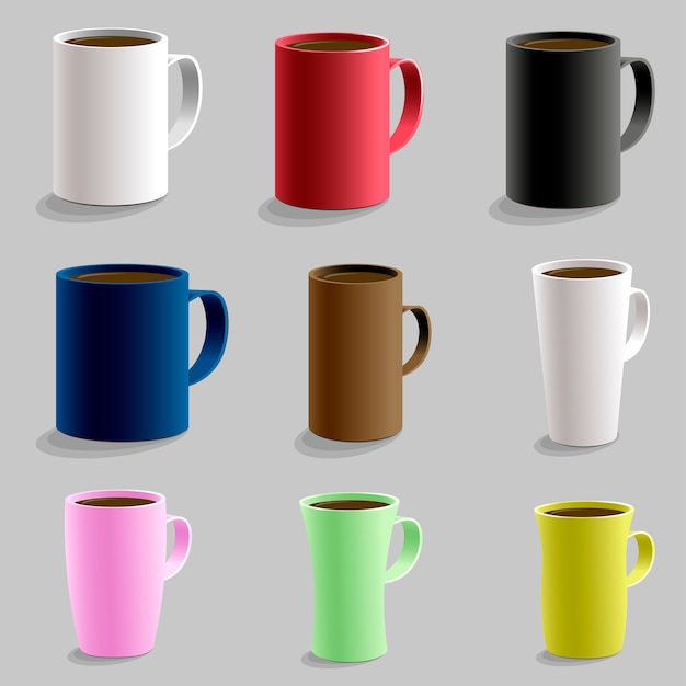 Ensemble de différentes tasses en forme de tasse pour boisson chaude caffe. Vecteur Premium