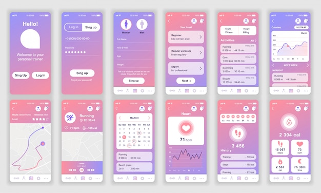 Ensemble d'écrans d'interface utilisateur, ux et gui fitness app flat Vecteur Premium