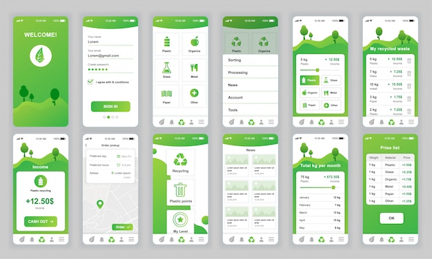 Ensemble d'écrans ui, ux, gui ecology app flat Vecteur Premium