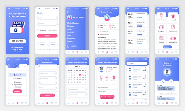 Ensemble d'écrans ui, ux, gui medicine app flat Vecteur Premium