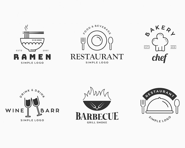 Ensemble D Elements De Badges Et D Etiquettes Pour Restaurant Avec Logo Ramen Boulangerie Barbecue Bar A Vin Etc Vecteur Premium