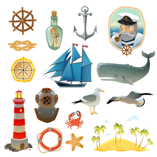 Ensemble d'éléments décoratifs nautiques mer Vecteur gratuit
