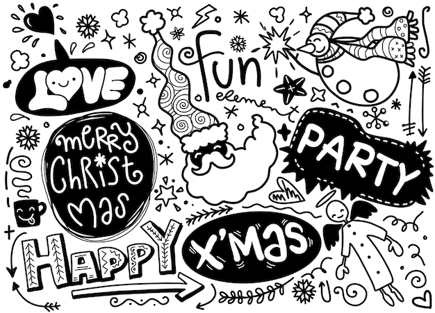 Ensemble d'éléments de design de noël dans un style doodle Vecteur Premium
