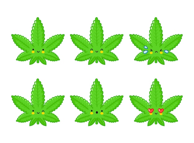 Ensemble D Emoji De Caractere Mignon Drole De Feuille De Marijuana De Mauvaise Herbe Heureuse Icone