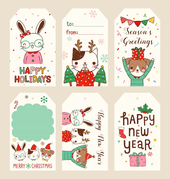 Ensemble d'étiquettes à cadeaux joyeux noël et bonne année dans un style plat Vecteur Premium