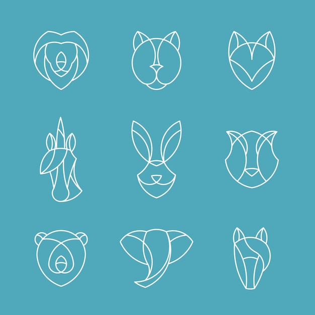 Ensemble de graphique linéaire de têtes d'animaux Vecteur gratuit