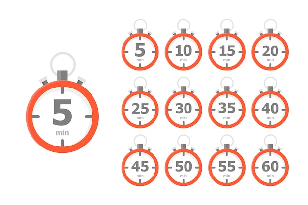Un ensemble d'horloges rouges, chacune montrant un intervalle de temps de 5 minutes Vecteur Premium