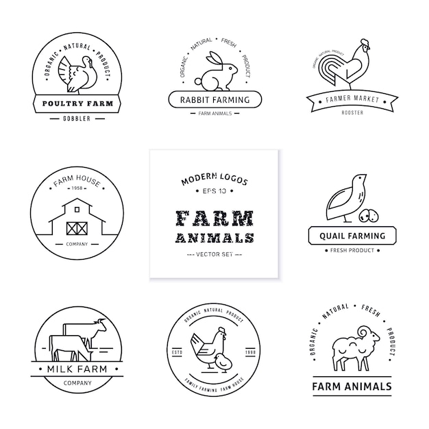 Ensemble De Huit Logos De Style Lineaire Moderne Avec Des Animaux De La Ferme Avec Un Espace Pour Le Texte Ou Le Nom De L Entreprise Vecteur Premium