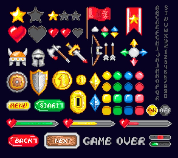 Ensemble d'icônes d'art de jeu de pixel Vecteur Premium