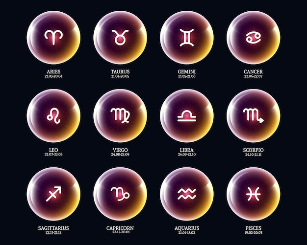 Ensemble d'icônes du zodiaque vectorielles dans des boules lumineuses Vecteur Premium