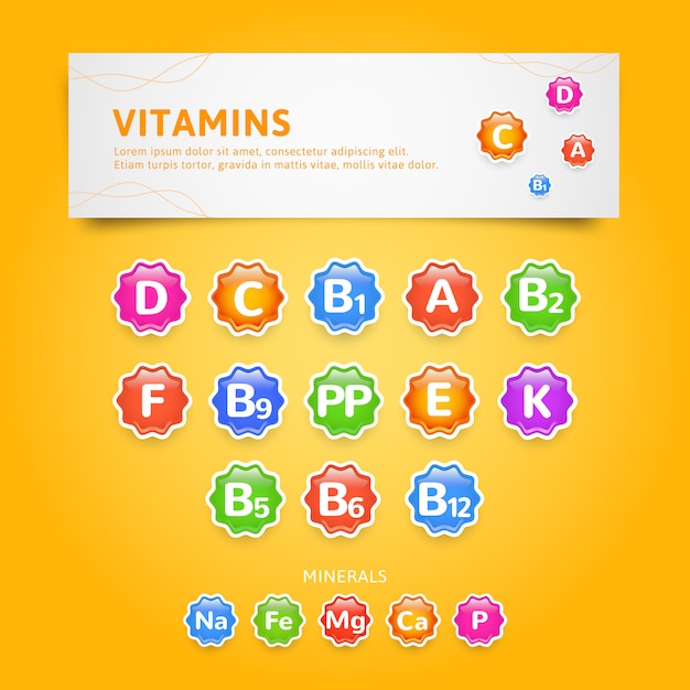 Ensemble Dicônes Ou Détiquettes De Vitamines Et De Minéraux Vecteur Premium