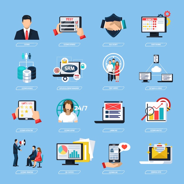 Ensemble d'icônes plat système crm Vecteur gratuit