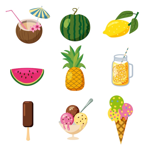 Ensemble d'icônes tropicales mignon d'été, fruits, style de bande dessinée de cocktails tropicaux de crème glacée, isolé Vecteur Premium