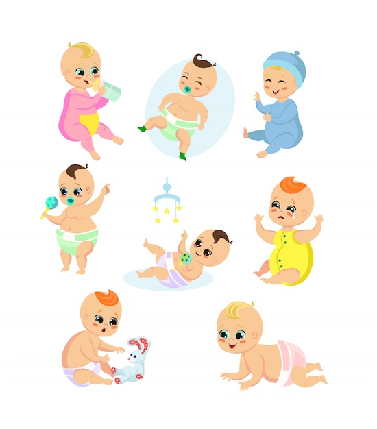 Ensemble D Illustration D Adorable Bebe Dans Une Position Et Des Emotions Differentes Routine Quotidienne D Enfants Mignons Heureux Vecteur Premium