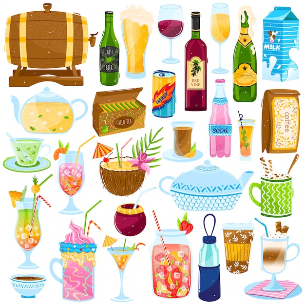 Ensemble D Illustration De Boissons De Dessin Anime Collection Avec Menu De Bar De Cafe De Boisson Froide Ou Chaude Cocktail Tropical D Ete De Jus Tasse De The Vecteur Premium