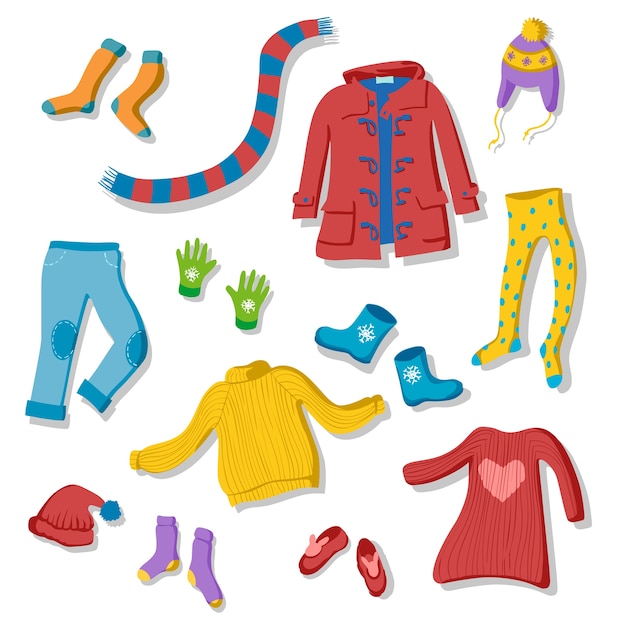 Ensemble d'illustrations de vêtements d'hiver dans un style plat Vecteur Premium